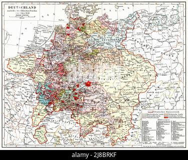 Mappa della Germania dopo la Pace di Westfalia del 1648. Pubblicazione del libro 'Meyers Konversations-Lexikon', Volume 2, Lipsia, Germania, 1910 Foto Stock