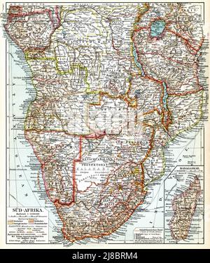 Mappa del Sudafrica che mostra i paesi ai quali appartengono le colonie. Pubblicazione del libro 'Meyers Konversations-Lexikon', Volume 2, Lipsia, Germania, 1910 Foto Stock