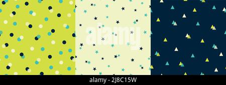 Set vettoriale di tre pattern senza giunture. Piastrelle geometriche ripetitive con punti polka, stelle, triangoli. Stampe alla moda per tessuti, fasciature, abiti per bambini Illustrazione Vettoriale