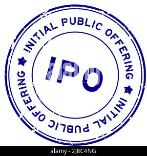 Grunge blu IPO iniziale pubblico che offre parola rotondo sigillo di gomma timbro su sfondo bianco Illustrazione Vettoriale