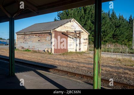 Vecchio capannone di merci ferroviarie e gru a mano, Waverly, Taranaki Sud, Isola del Nord, Nuova Zelanda Foto Stock