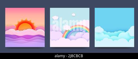 Un insieme di sfondi con le vacanze estive nel design della carta. Cielo, nuvole, arcobaleno, onde marine e stile cartaceo. Vettore Illustrazione Vettoriale
