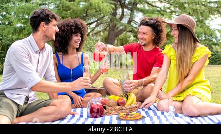 picnic all'aperto per le vacanze estive. gruppo multirazziale di amici che hanno cibo e bevande adagiato su una coperta in un giardino del parco. gente dolce pausa godendo Foto Stock