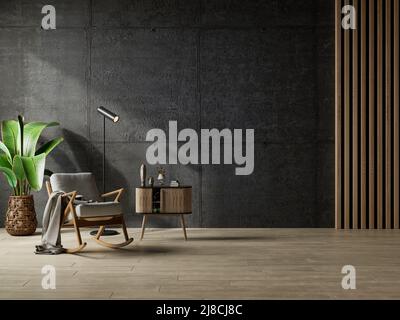 Soggiorno interno in stile loft con poltrona grigia su muro di cemento vuoto.3D rendering Foto Stock