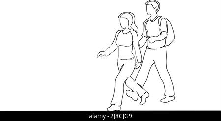 Disegno continuo su una linea. Donna cammina a piedi con bastoni da passeggio. Nordic walking. Illustrazione vettoriale. Linea nera ART Illustrazione Vettoriale