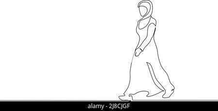 Hijab musulmana donna forte che cammina. Disegno continuo su una linea. Illustrazione vettoriale Illustrazione Vettoriale