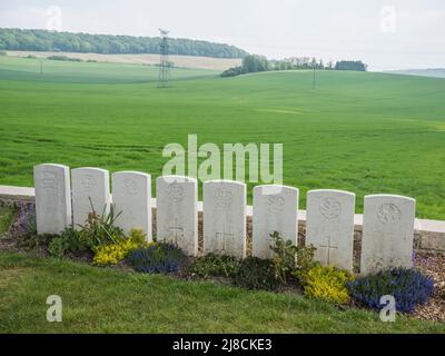 L'immagine è del cimitero britannico Marfaux della prima Guerra Mondiale vicino a Marfaux. Il cimitero è di soldati che sono morti nel luglio 1918 Marne offensiva Foto Stock