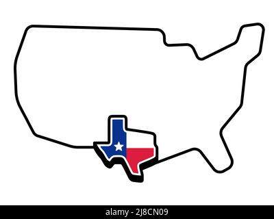 Mappa stilizzata degli Stati Uniti con profilo e bandiera dello stato del Texas. Illustrazione grafica della clip vettoriale. Illustrazione Vettoriale