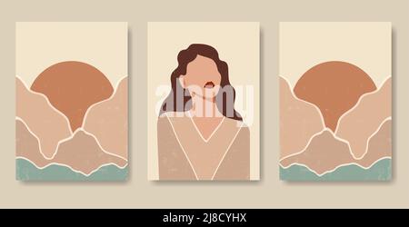 Set poster con silhouette femminile e montagne retrò. Illustrazione Vettoriale