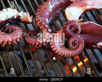 tentacoli di polpo sulla griglia grattugiare su carboni incandescenti sulla griglia, primo piano Foto Stock