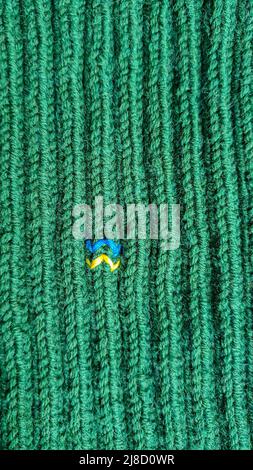 Balaclava fatta a mano con simboli ucraini. Lavorato a maglia con fili grigi e verdi. Riscalda, salva in modo affidabile dal freddo. Crochet e maglieria. Foto Stock