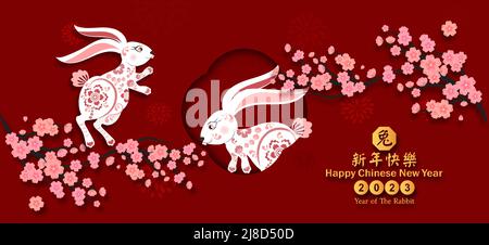 Banner il saluto coniglio felice Cinese del nuovo anno 2023. La traduzione cinese è Mean Year of Rabbit Happy chinese New Year. Illustrazione Vettoriale