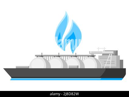 Illustrazione della nave che trasporta gas naturale negli impianti di stoccaggio. Immagine stilizzata industriale e commerciale. Illustrazione Vettoriale