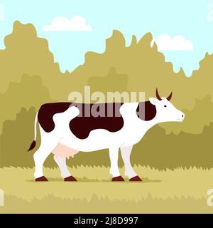 Mucca con mammelle. Animale per fattoria, latte e carne. Mammifero ungulato. Colore punteggiato. Illustrazione vettoriale di cartoni animati su sfondo verde natura Illustrazione Vettoriale