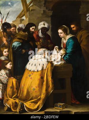 L'Adorazione dei Magi di Bartolomé Esteban Murillo. In questo mito cristiano tre saggi uomini o re vengono a visitare il neonato gesù e lo riconoscono come messia e figlio di dio. Foto Stock