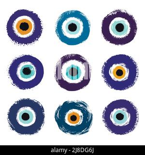 Set di grunge mano disegnato turco male occhio. Simbolo di protezione in Grecia, Cipro. Amuleto da occhio malvagio. Illustrazione Vettoriale