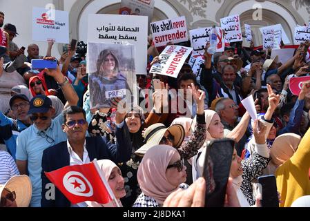 Tunisi, Tunisia. 31st maggio 2020. I manifestanti hanno cartelloni che esprimono le loro opinioni durante la manifestazione contro il presidente Kais Saied. Il presidente tunisino Kais Saied ha improvvisamente sospeso il sistema misto presidenziale-parlamentare sancito dalla costituzione tunisina del 2014, un compromesso duramente conquistato tra campi ideologici rivali che è stato raggiunto tre anni dopo una rivolta che ha rovesciato il dittatore Zine El Abidine ben Ali. (Credit Image: © Jdidi Wassim/SOPA Images via ZUMA Press Wire) Foto Stock