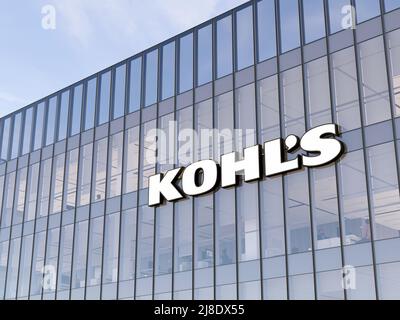 Cascate di Menomonee, WI, Stati Uniti. Maggio 2, 2022. Solo per uso editoriale, 3D CGI. Logo di Kohl sulla parte superiore dell'edificio in vetro. Workplace Department Store Company of Foto Stock