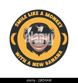 Sorridi come una scimmia con una Nuova Banana. Vettore sorridente Chimpanzee Ape con occhiali da sole, citazione tipografica. Funny Monkey Head con occhiali per Wall Art, T Illustrazione Vettoriale