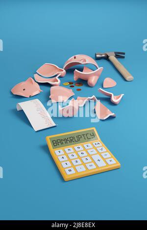 Calcolatrice con il testo fallimento sul display accanto a una banca di Piggy rotto. 3d illustrazione. Foto Stock