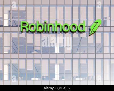 Menlo Park, California, USA. Maggio 2, 2022. Solo per uso editoriale, 3D CGI. Logo Robinhood sulla parte superiore dell'edificio in vetro. Workplace Financial Trading Services Co Foto Stock