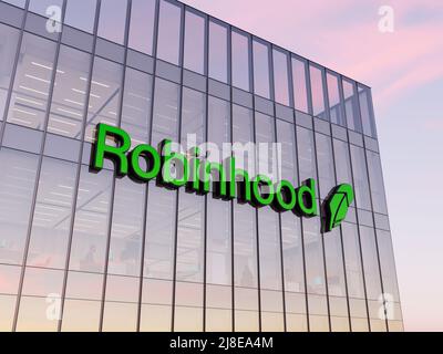 Menlo Park, California, USA. Maggio 2, 2022. Solo per uso editoriale, 3D CGI. Logo Robinhood sulla parte superiore dell'edificio in vetro. Workplace Financial Trading Services Co Foto Stock