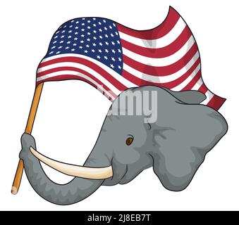 Faccia patriottica grigia dell'elefante che tiene con il suo tronco una bandiera americana sventolante. Illustrazione Vettoriale