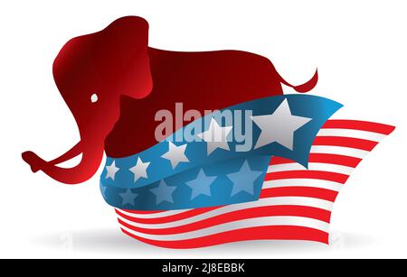 Silhouette rossa di elefante e bandiera americana concettuale, dai colori vivaci. Illustrazione Vettoriale