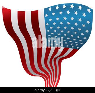 Disegno americano con vista verticale della bandiera U.S.A. ondulata con effetto gradiente, isolata su sfondo bianco. Illustrazione Vettoriale
