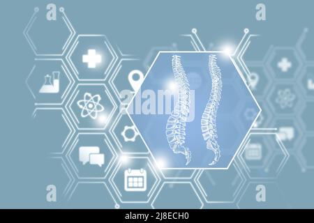 Concetto di recupero della telemedicina e della colonna umana (vertebra). Tavolozza di colori neutri, spazio di copia per il testo. Foto Stock