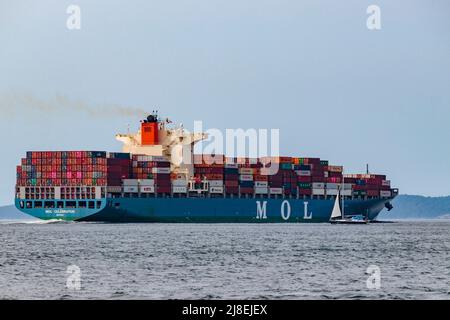 Una barca a vela è oscura accanto all'enorme, caricato container nave 'Vol Celebration', in corso a Boundary Pass nel sud della British Columbia Foto Stock