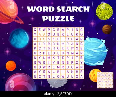 Trova un colore di spazio pianeti parola ricerca puzzle foglio di lavoro gioco, bambini quiz griglia. Brainteaser vettoriale per bambini con oggetti cosmici e lettere latine al campo quadrato, compito di indovinello cartoon Illustrazione Vettoriale