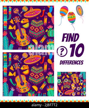 Trova dieci differenze negli oggetti nazionali messicani. Foglio di lavoro del gioco del labirinto dei bambini. Vector cartoon bambini indovinello con sombrero, poncho, cactus e chitarra con tex mex food, bambini tempo libero Illustrazione Vettoriale