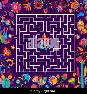 Foglio di lavoro labirinto bambini con hummingbird messicano alebrije, fiori e piume, puzzle vettoriale. Scopri il labirinto da tavolo o il gioco da scappamento con uccelli messicani, cactus e fiori Illustrazione Vettoriale
