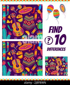 Trova dieci differenze negli oggetti nazionali messicani. Foglio di lavoro del gioco del labirinto dei bambini. Vector cartoon bambini indovinello con sombrero, poncho, cactus e chitarra con tex mex food, bambini tempo libero Illustrazione Vettoriale