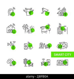 Icone delle città intelligenti impostate. CCTV, consegna droni, parcheggio intelligente e gestione del traffico, fonti di energia sostenibili. Pixel Perfect, grafica della linea di traccia modificabile Illustrazione Vettoriale