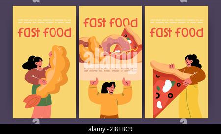 Poster fast food con ragazza che tiene grande hot dog, pizza pezzo, ciambelle e gamberi tempura. Striscioni vettoriali di fast food ristorante o caffè con illustrazione piatta di donna felice con spuntini Illustrazione Vettoriale