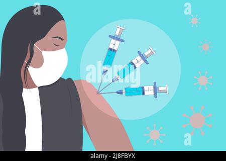 Ottenga una dose di richiamo del vaccino COVID-19. Illustrazione della vaccinazione contro il coronavirus. Concetto di vaccino COVID-19. Una ragazza in una maschera medica usa e getta, 3 Syr Illustrazione Vettoriale