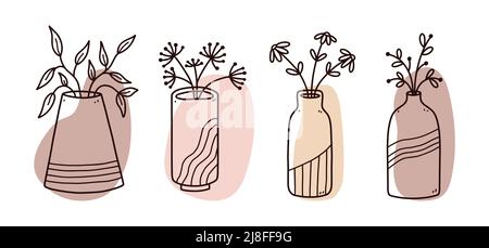 Set di tagliatelle floreali astratte con forme organiche a colori. Vasi minimalisti con fiori isolati su sfondo bianco. Illustrazione disegnata a mano con vettore. Perfetto per carte, decorazioni, logo, poster. Illustrazione Vettoriale