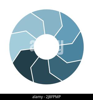 Icona di circolazione del ciclo di vita con 8 frecce. Infografo a rotazione con otto parti spesse. Infografica cerchio blu acciaio Navy. Illustrazione vettoriale piatta. Illustrazione Vettoriale