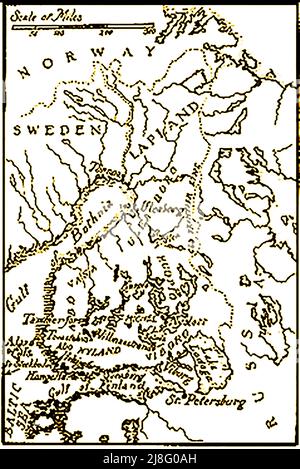 Mappa 1902 della regione di Finlandia, Lapponia, Norvegia, Svezia e Russia con distanze in miglia inglesi Foto Stock