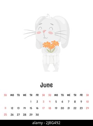 Pagina del calendario per il mese di giugno 2023 con un simpatico coniglio sorridente che tiene un bouquet di fiori primaverili. Adorabile animale, un carattere in colori pastello Illustrazione Vettoriale