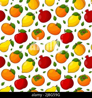 Vivace frutta estiva succosa motivo senza cuciture. Frutta disegnata a mano con un contorno. Per tessuti estivi, imballaggi alimentari, tovaglioli. Illustrazione vettoriale a colori Illustrazione Vettoriale