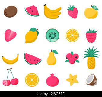 Una serie di frutti e bacche tropicali luminosi d'estate. Fragole, cocco, ananas, banane, lamponi, ciliegie. Illustrazioni vettoriali in un piano c Illustrazione Vettoriale