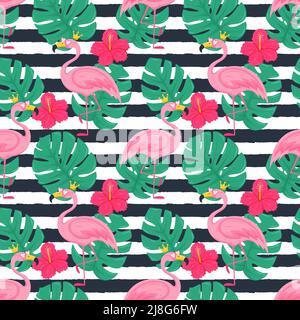 Estate senza cuciture con flamingo rosa in corona e occhiali da sole, foglie di monstera, fiori di ibisco. Illustrazioni vettoriali brillanti in un cartoon piatto Illustrazione Vettoriale