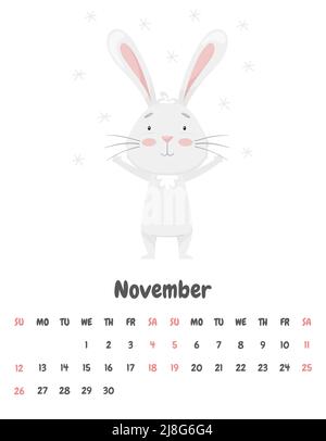 La pagina del calendario per il mese di novembre 2023 con un simpatico coniglio sorridente, gioendo nei fiocchi di neve volanti. Adorabile animale, carattere in pastello Illustrazione Vettoriale