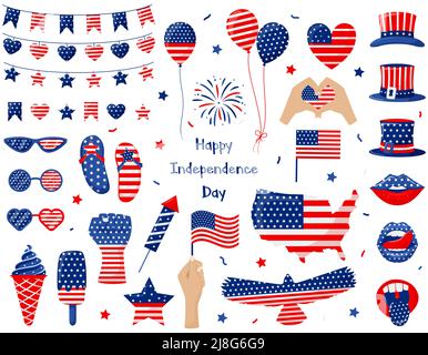 Una serie di elementi per celebrare la Giornata dell'Indipendenza degli Stati Uniti. Simboli patriottici a colori della bandiera americana. Luglio 4th. Per biglietto d'auguri, t shirt Illustrazione Vettoriale