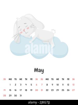 Pagina di calendario per il mese di maggio 2023 con un simpatico coniglio sorridente che dorme su una nuvola. Adorabile animale, un carattere in colori pastello. Calare per bambini Illustrazione Vettoriale