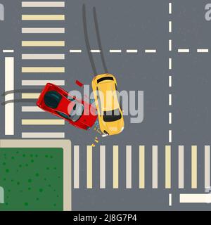 Incidente stradale. Crash sulla vista dall'alto dell'incrocio. Incrocio e relitto automatico.veicoli rotti dopo la collisione nell'incrocio.violazione del traffico della svolta prioritaria Illustrazione Vettoriale