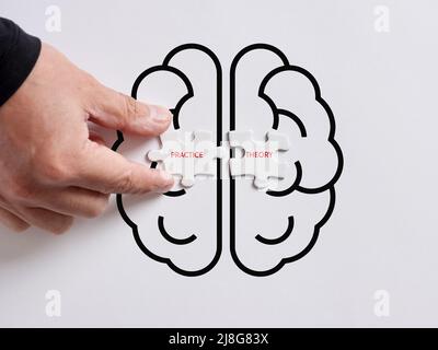 La mano collega i puzzle con le parole pratica e teoria su un simbolo del cervello umano. Integrare la pratica e il concetto di teoria Foto Stock